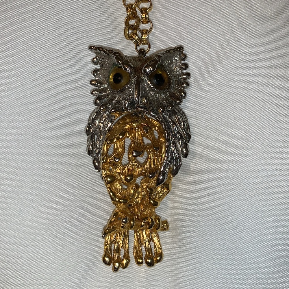 Owl Pendant, Silver & Gold Tone, Articulated 3” Owl, Sturdy 24” Loop Chain, EUC